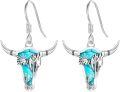 wholesale 925 Sterling Silver Turquoise Longhorn Skull Western Style Drop Earrings for Women GirlsCowboy -0-0