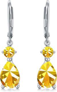 wholesale 925 Sterling Silver Clear Birthstone Dangle Leverback Earrings for Women-11-November-Citrine
