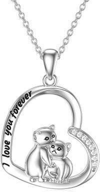 wholesale 925 Sterling Silver I Love You Forever Cats in Heart with Cubic Zirconias and CZs Pendant Necklace for Women-Two Cats&Heart