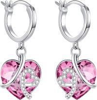 wholesale Sterling Silver Heart Crystal Dangle Hoop Earrings for Women-10-Pink