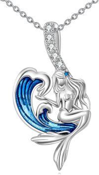 wholesale 925 Sterling Silver Blue Enamel Mermaid Wave Pendant Necklace  for Girls & Women-Mermaid necklace