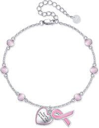 wholesale 925 Sterling Silver Pink Cat's Eye & Heart Charm Breast Cancer Awareness Bracelet-Breast Cancer