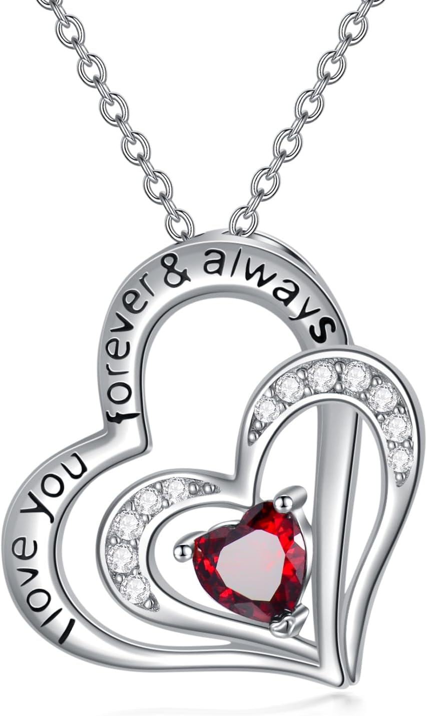 Sterling Silver CZ Heart Birthstone Necklace for Women Anniversary Gift-0-1
