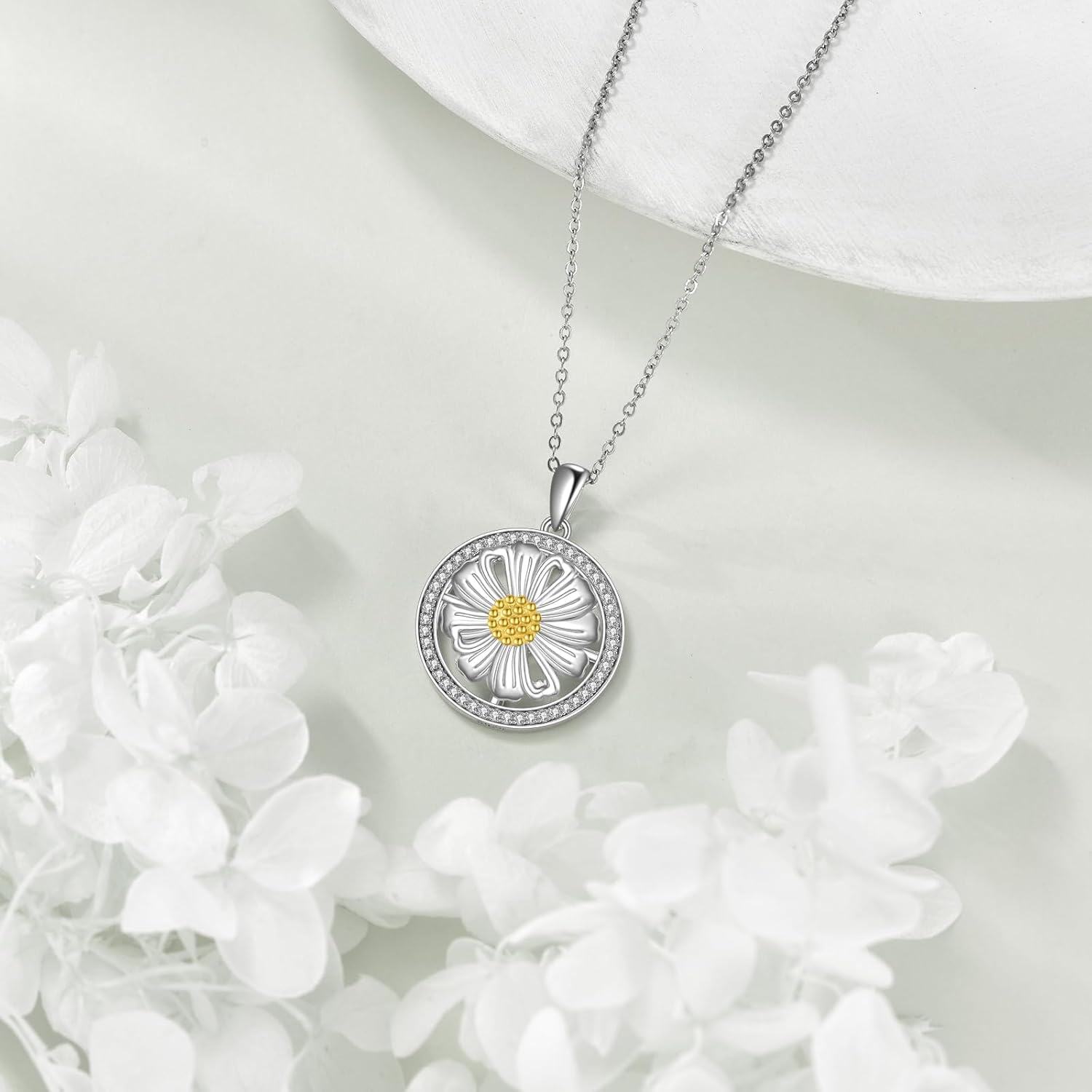 Sterling Silver Round Spinning Daisy Sunflower Pendant Necklace for Women-0-2