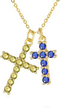 wholesale 14K Gold Sterling Silver Birthstone Double Cross Necklace for Women-08-09-Aug-Sept