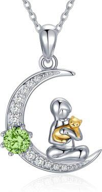 wholesale 925 Sterling Silver Peridot Birthstone Crescent Moon Buddha Holding Gold Cat Pendant Necklace for Women-Simulated Period