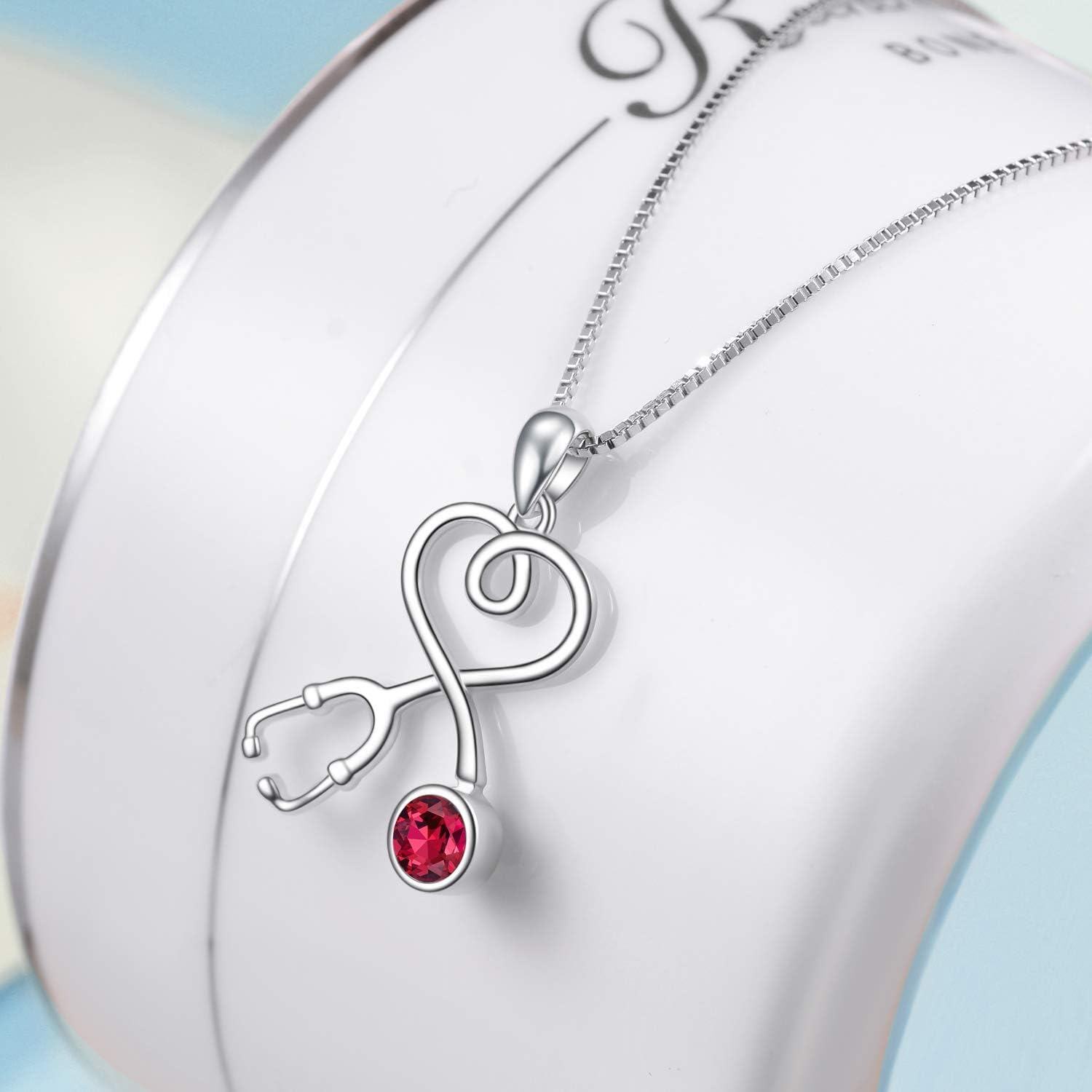 925 Sterling Silver Stethoscope Necklace w 12 Austria Birthstone Crystals Med Grad Gift-0-1