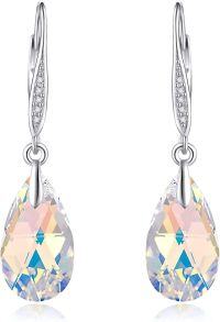 wholesale 925 Sterling Silver Teardrop Austrian Crystal Light Green Purple Aurora Borealis Leverback Earrings-white gold-white crystal