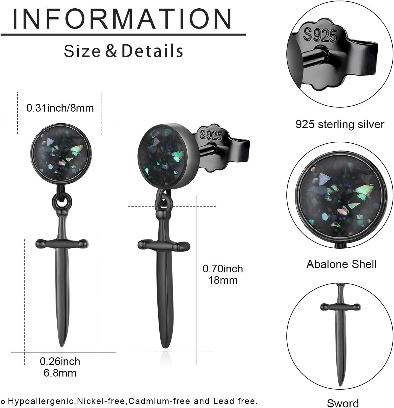 925 Sterling Silver Sword & Cross Dangle Drop Earrings with Black Abalone Shell and Turquoise Accents-0-3