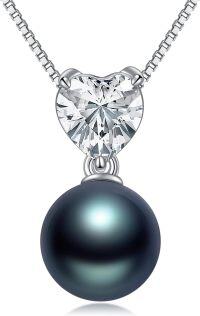 wholesale 925 Sterling Silver & White Gold Plated Cubic Zirconia and Tahitian Pearl Pendant Necklace for Women-Heart Necklace 1