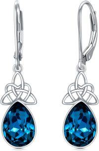 wholesale Sterling Silver Crystal Leverback Celtic Knot Birthstone Drop Earrings for Women-September Birthstone-Simulated Sapphire