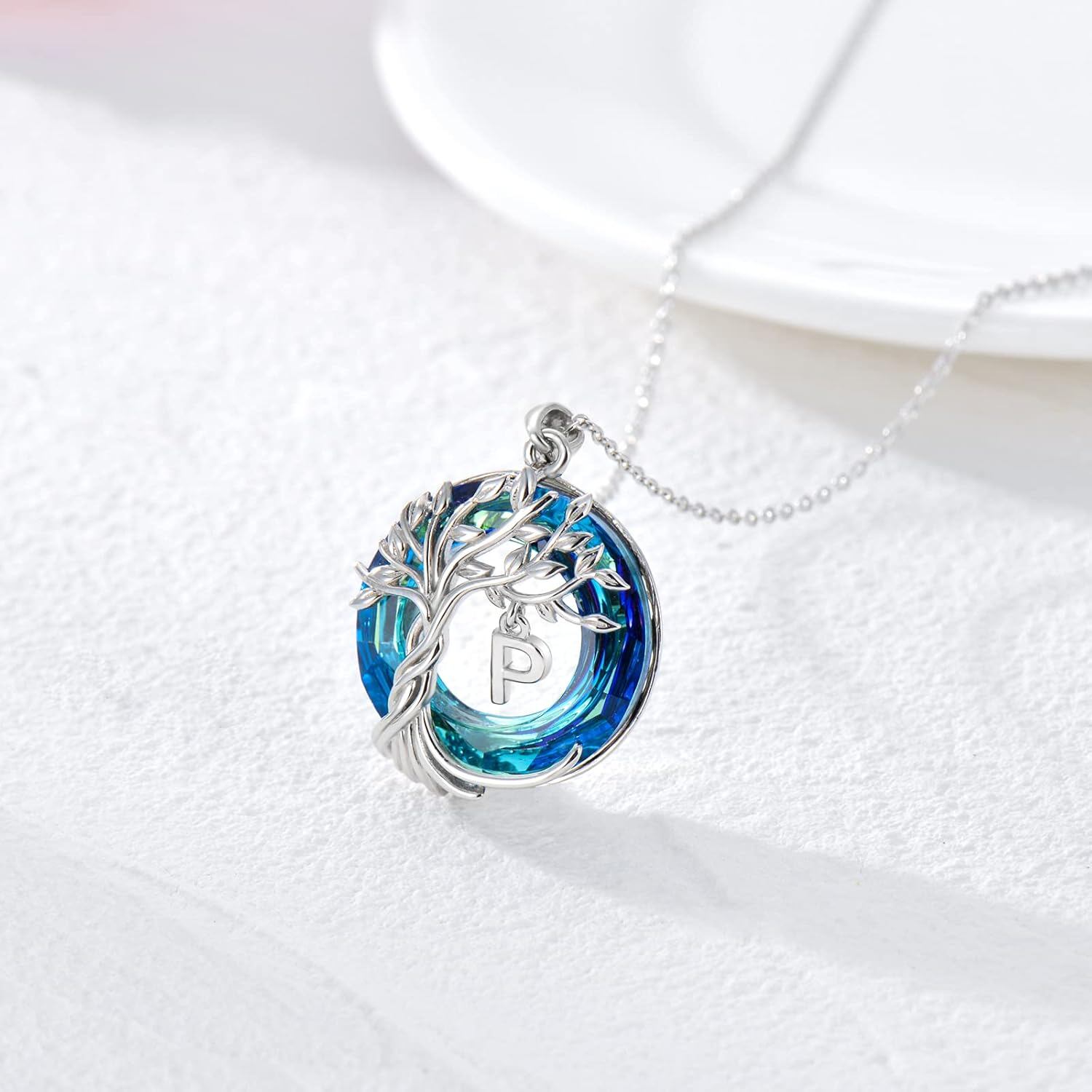 Blue Crystal Tree Necklace with Letter Charm