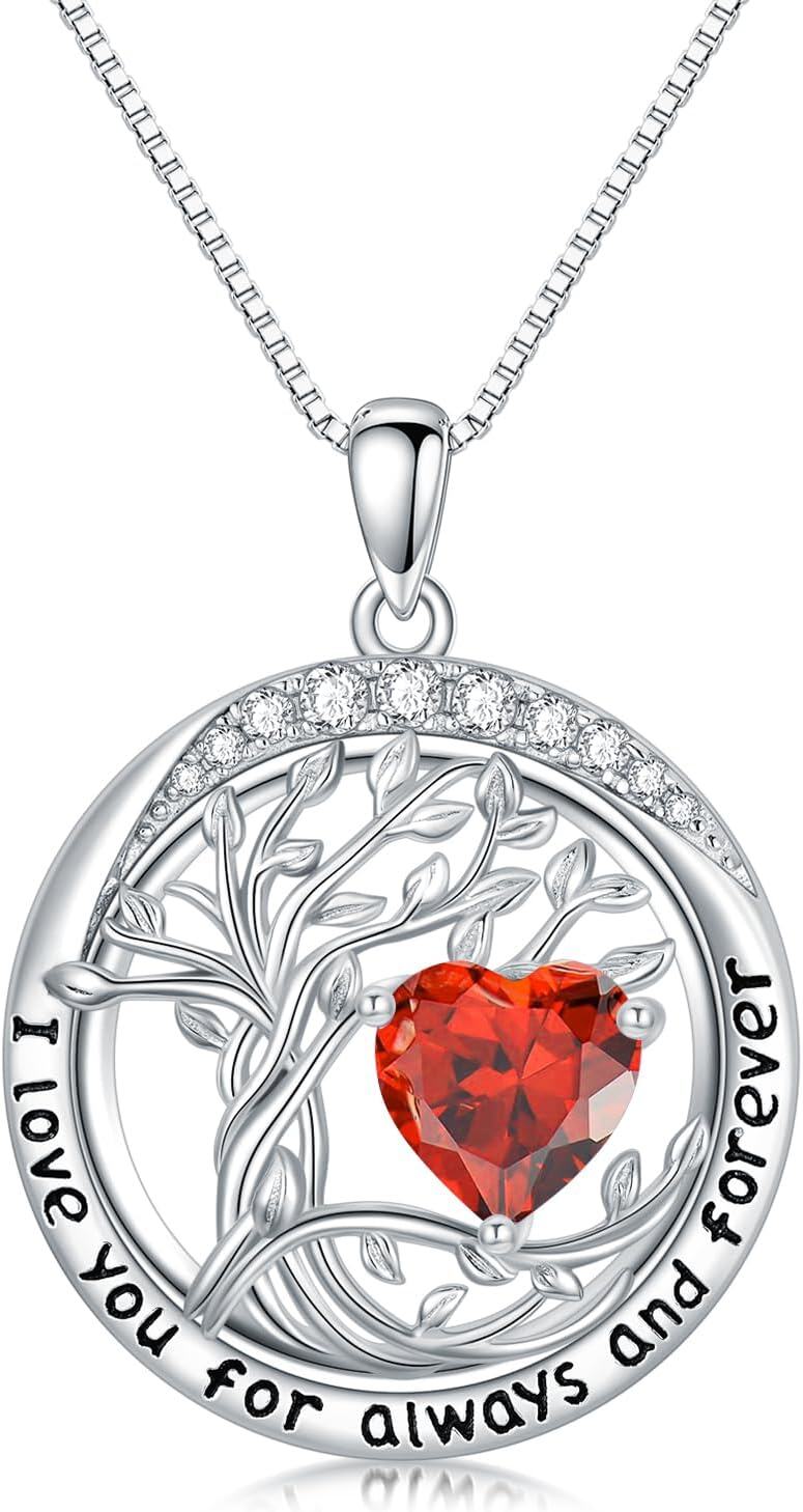 White Gold Sterling Silver Austrian Crystal Tree of Life Birthstone Necklace-07-Jul-Ruby