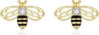 wholesale 925 Sterling Silver Honeybee Stud Earrings with Black Enamel and Cubic Zirconia for Women-Gold Bee