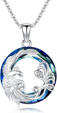 wholesale 925 Sterling Silver Blue Crystal Phoenix & Peacock Pendant Necklace-Blue Crystal Phoenix Necklace