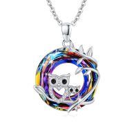 wholesale 925 Sterling Silver Owl Pendant Necklace Rainbow Crystal Mother Baby Owl Women Gift-Owl Neckeck