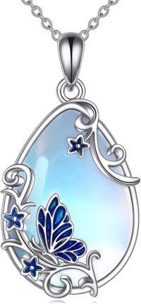 wholesale 925 Sterling Silver Butterfly Moonstone Pendant Necklace with Blue Enamel Accents-Butterfly Necklace