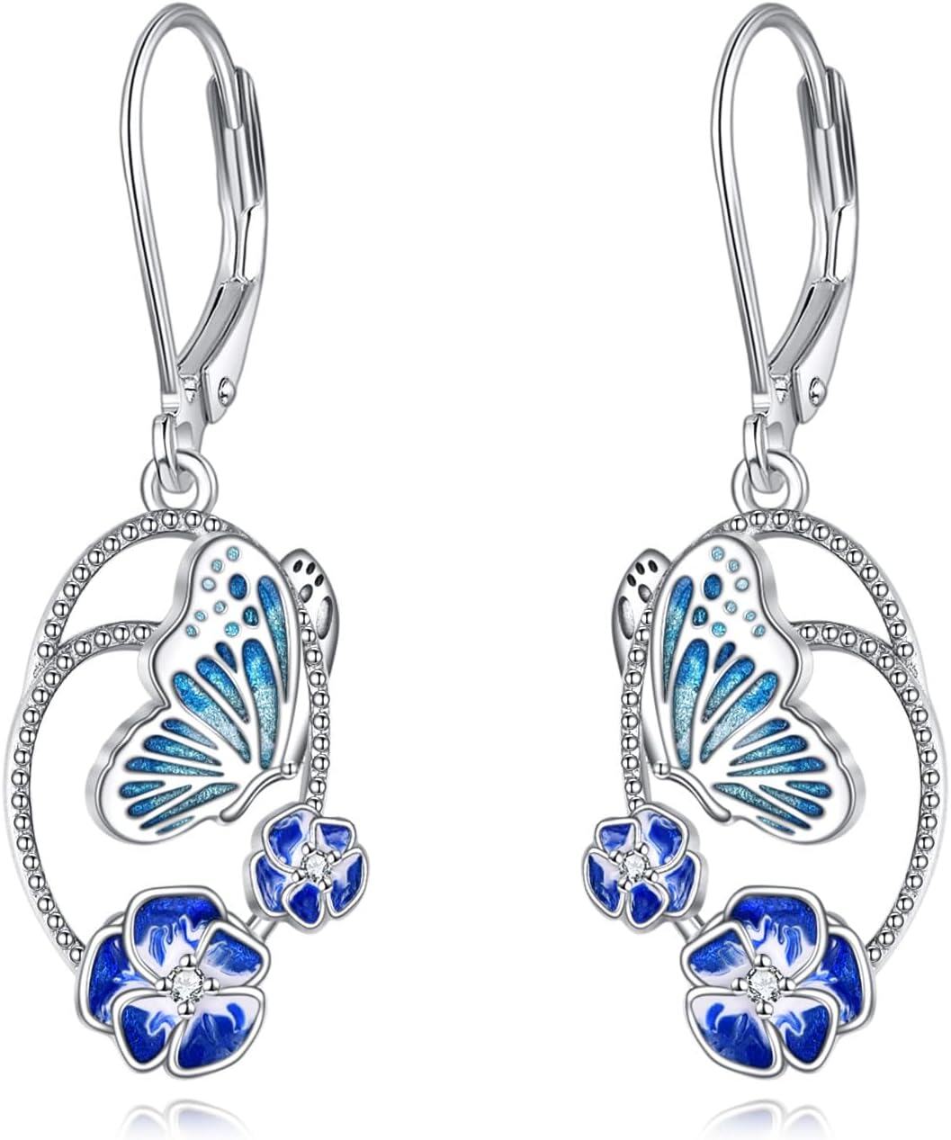 925 Sterling Silver Butterfly & Blue Flowers Drop Earrings - Mothers Day Gift for Her-0-0