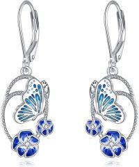 wholesale 925 Sterling Silver Butterfly & Blue Flowers Drop Earrings - Mothers Day Gift for Her-Butterfly Earrings