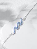 wholesale 925 Sterling Silver Wave Design Anklet with Blue Crystals and Chain Link for Women-0-2