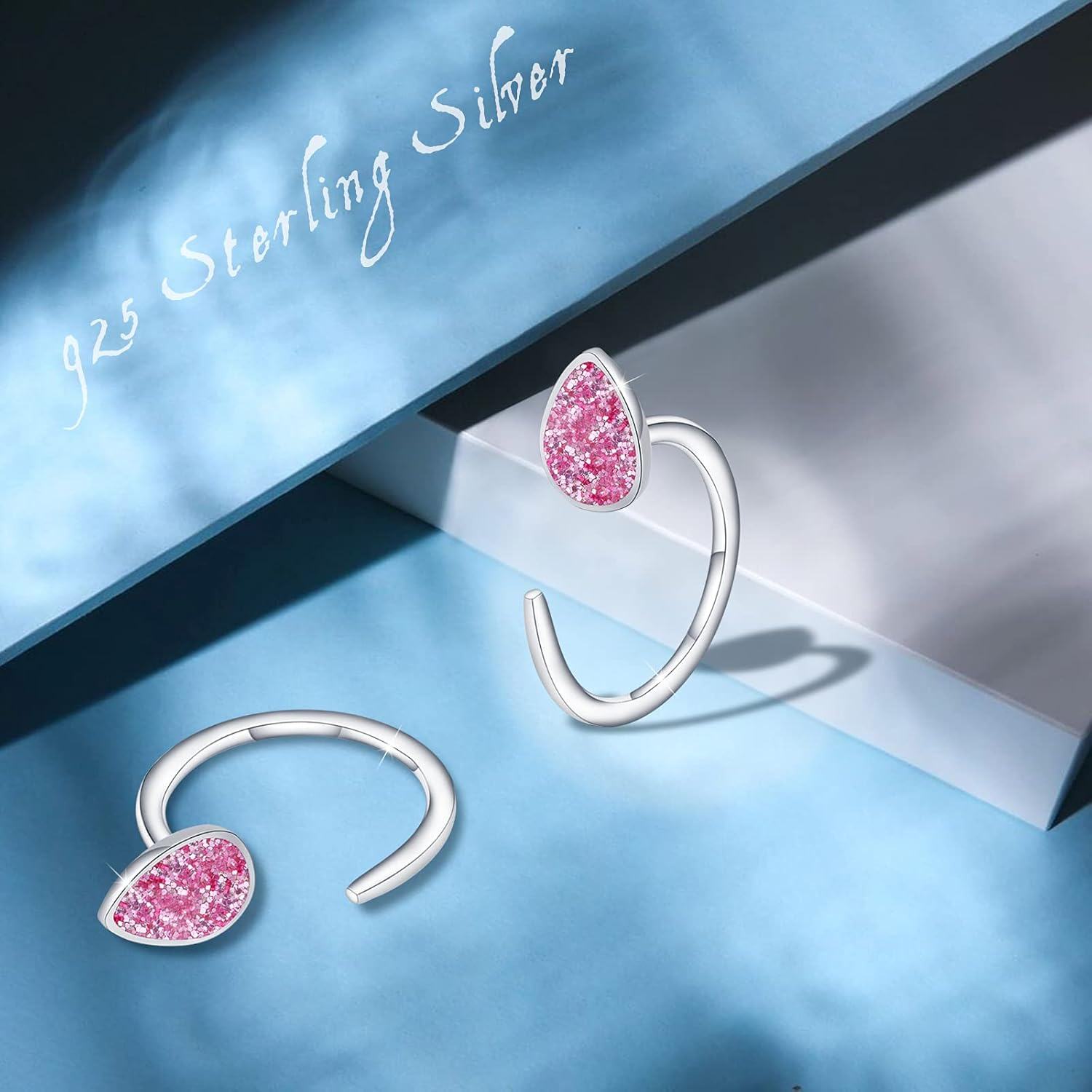 925 Sterling Silver Pink Druzy Teardrop Huggie Ear Cuffs Minimalist Studs for Women Girls Gift Set of 4 Pairs-0-5