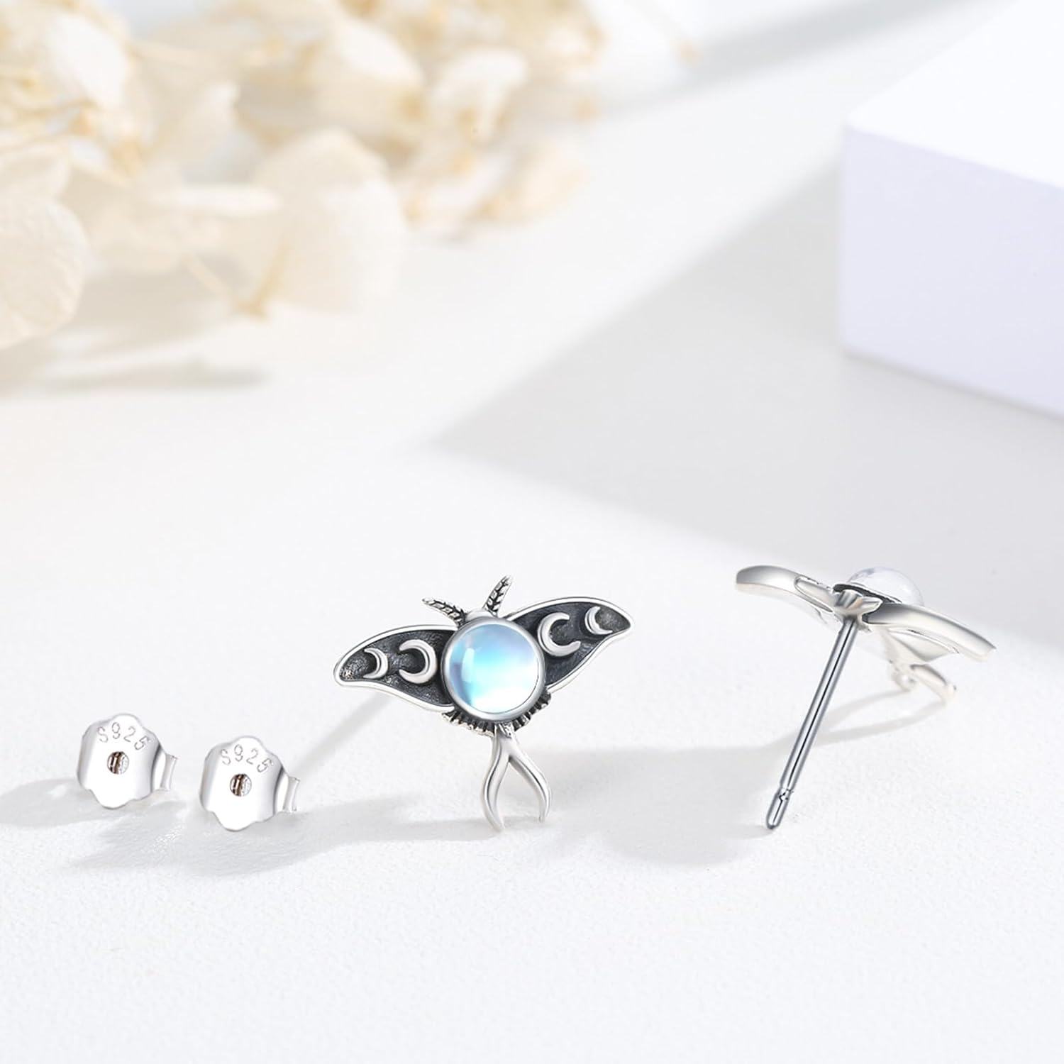 wholesale 925 Sterling Silver Moonstone Luna Moth Stud Earrings for Women Girls Gift Idea-0-1