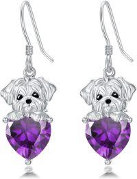 wholesale Metal Birthstone Dog Earring Maltese Dangle Earrings Gift for Women-February
