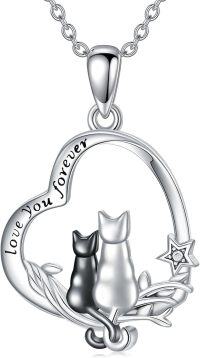wholesale 925 Sterling Silver Heart-Shaped Pendant with Cats and Stars for Cat Lovers - Women's -2 Cat Heart