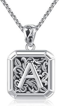 wholesale Sterling Silver Square Initial Letter Necklace Unisex Retro Pendant Jewelry Gift-Initial A