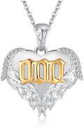 wholesale 925 Sterling Silver Angel Number Heart Wing Pendant Necklace with Gold Plating and Cubic Zirconia Stones - 18+2 Chain Length-0-0