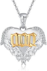 wholesale 925 Sterling Silver Angel Number Heart Wing Pendant Necklace with Gold Plating and Cubic Zirconia Stones - 18+2 Chain Length-000