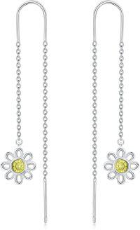 wholesale 925 Sterling Silver Yellow Stone Daisy Flower Threader Dangle Earrings 925 Jewelry for Women Girls Gift Idea Minimalist Fashion Accessories Lightweight Hypoallergenic Nickel Free Safe Made in USA-B1-Silver+Daisy