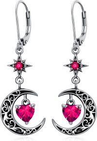 wholesale Sterling Silver Moon Star Birthstone Dangle Earrings-07-Jul-Ruby