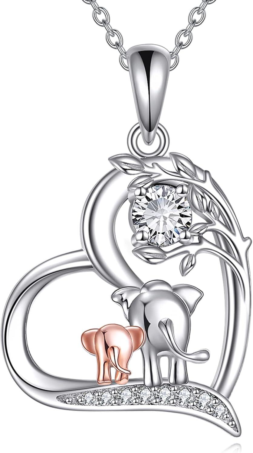  Sterling Silver Birthstone Elephant Pendant Necklace Cute Animal Jewelry Gift for Women Mom Wife -04-April Diamond