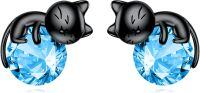 wholesale 925 Sterling Silver Black Cat Stud Earrings with Birthstone-B-December Birthstone Stud