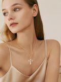 wholesale Rose Gold 925 Sterling Silver White Fire Opal Flower Cross Pendant Necklace for Women-0-4