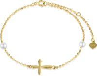 wholesale 14K Gold Chain with Pearl and Cross Charm Bracelet for Women - Confirmation Gift Idea-Yellow Gold gold