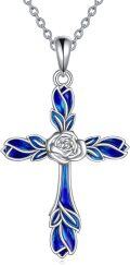 wholesale 925 Sterling Silver Blue Enamel Celtic Sunflower Rose Cross Pendant Necklace for Women-0-0
