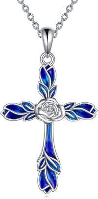 wholesale 925 Sterling Silver Blue Enamel Celtic Sunflower Rose Cross Pendant Necklace for Women-Rose Cross