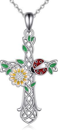 wholesale 925 Sterling Silver Ladybug and Daisy Flower Cross Pendant Necklace for Women Girls Christian Faith Gift 47cm Chain Length-Sunflower Ladybug