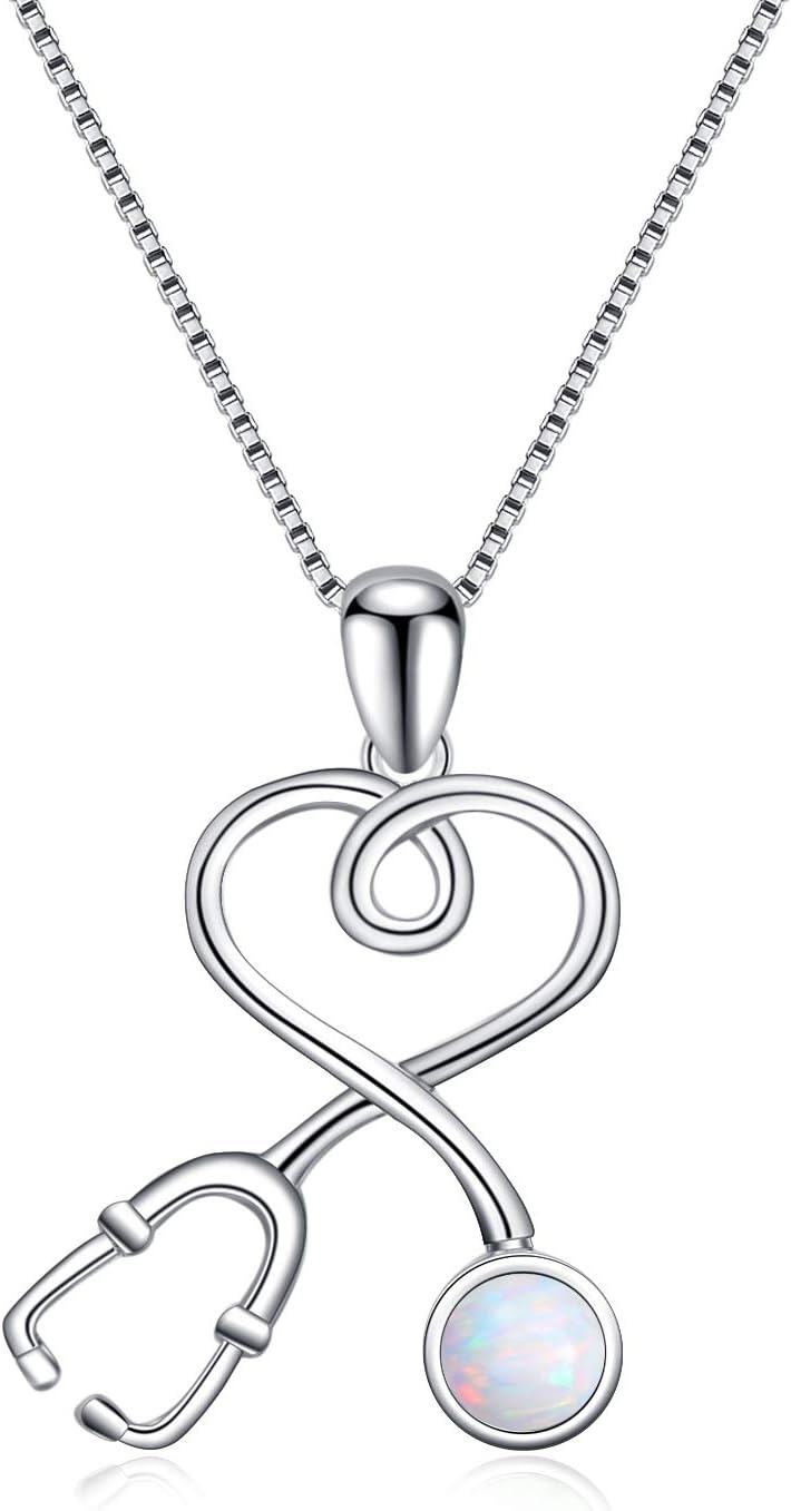Sterling Silver Stethoscope Necklace w 12 Austria Birthstone Crystals Med Grad Gift-925 Silver - Created Opal