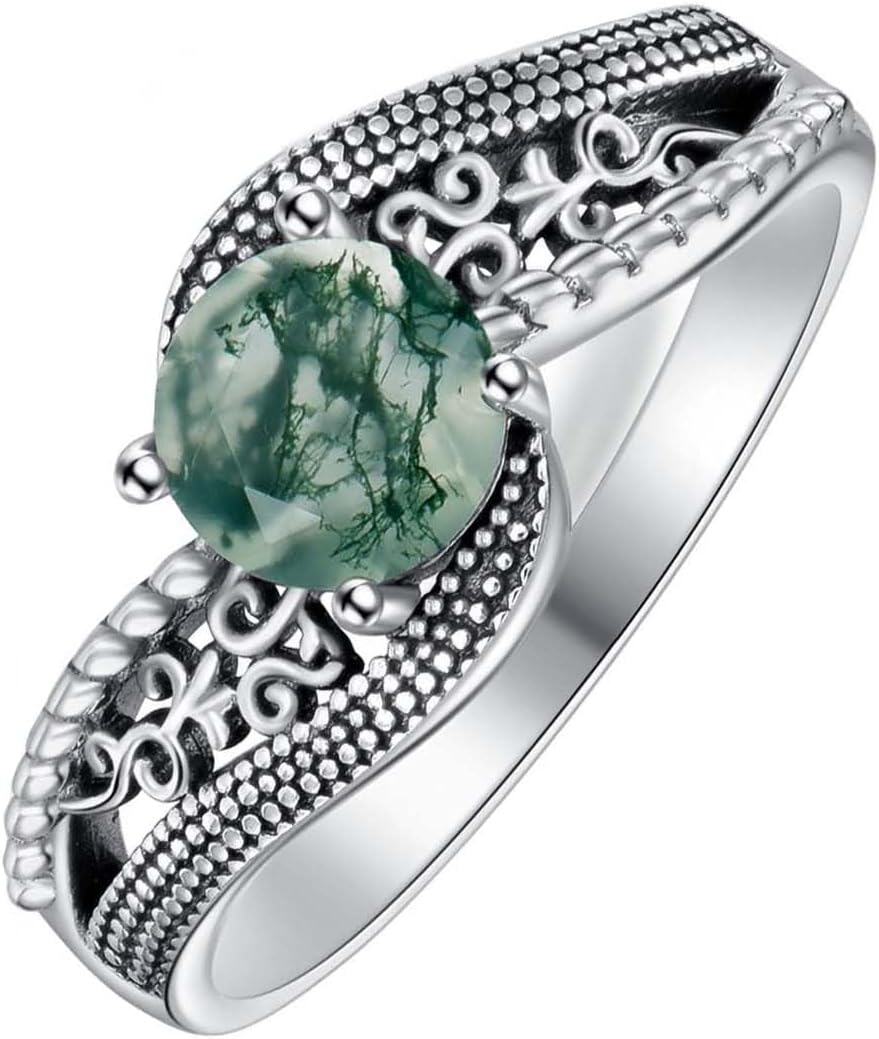 Sterling Silver Moss Agate Vintage Promise Ring Retro Oxidized Filigree-0-0