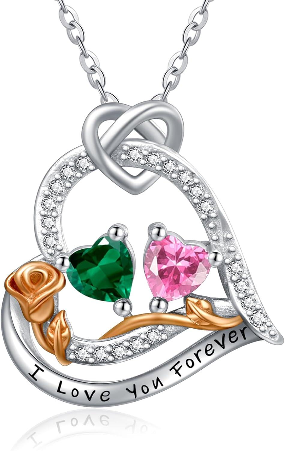  Sterling Silver 2 Birthstones Rose Heart Necklace for Women -05-10-May-Oct