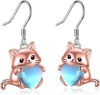 wholesale 925 Sterling Silver Heart-Shaped Moonstone Cat Dangle Earrings for Women - Adorable Stud  Idea-rose