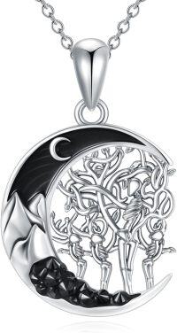 wholesale 925 Sterling Silver Black Onyx Tree of Life Crescent Moon Pendant Necklace for Women-Mom&3 Daughters-Skeleton Tree