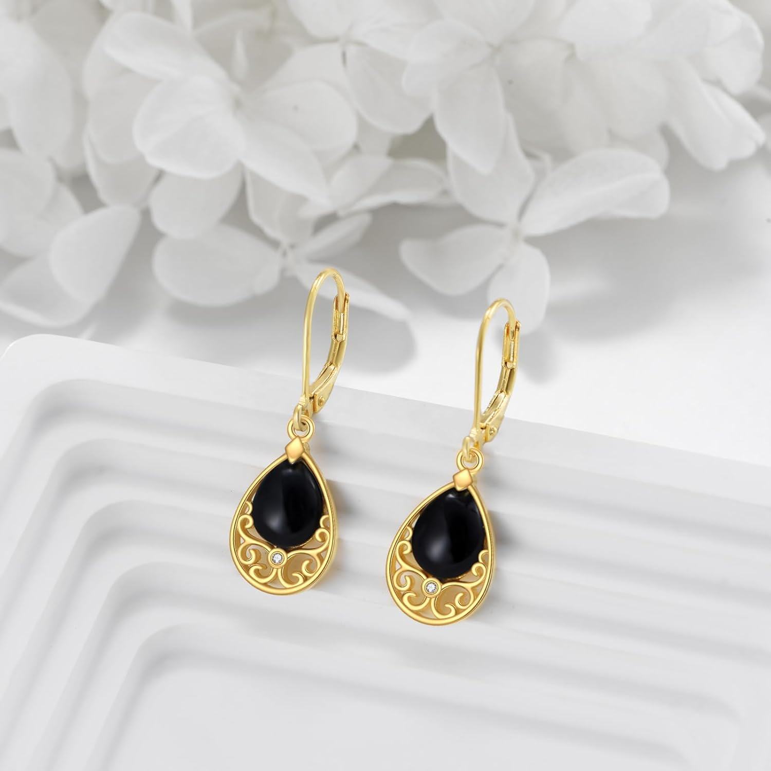 14K Gold Plated Sterling Silver Black Onyx Dangle Leverback Earrings-0-3