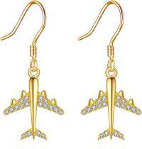 wholesale 14K Gold Airplane Dangle Earrings with Cubic Zirconia for Women-Dangle
