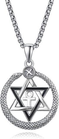 wholesale 925 Sterling Silver Metal Stone Punk Snake Necklace for Men & Women - Double Snake Pendant with Medusa Design and Star of David Symbol (Halloween Edition)-Star of David snake necklace
