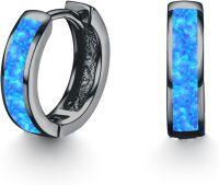 wholesale Sterling Silver Simulated Opal Hoop Earrings for Women Hypoallergenic Huggie Hinged Hoops Colorful Jewelry Gift-14mm Black Glod Blue-14