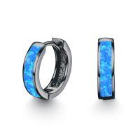 wholesale 925 Sterling Silver Simulated Opal Hoop Earrings for Women Hypoallergenic Huggie Hinged Hoops Colorful Jewelry Gift-14mm Black Glod Blue-14